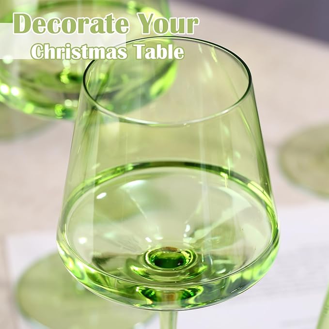 Physkoa Green Wine Glasses Set of 6-16oz Hand-Blown Green Wine Glass with Long Stem, Unique Red & White Wine Glasses For Party Home Bar Christmas