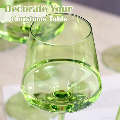 Physkoa Green Wine Glasses Set of 6-16oz Hand-Blown Green Wine Glass with Long Stem, Unique Red & White Wine Glasses For Party Home Bar Christmas