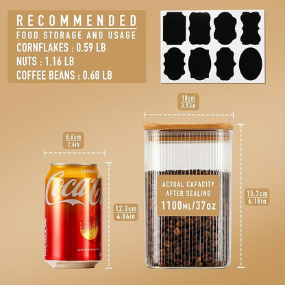37oz Airtight Glass Square Storage Canisters with Bamboo Lids Set of 4 (1100ml) Striped Stackable Containers, Kitchen Jars for Pantry Noodles, Flour and Coffee beans (‎with Black Lable)