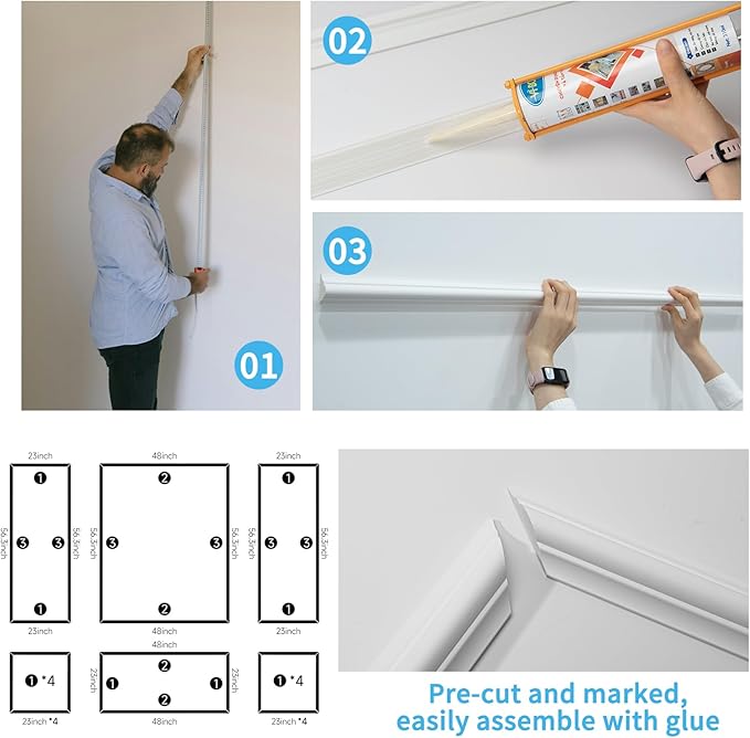 Art3d Pre-Cut Wall Molding Set of 6 pcs, Ready-to-Assemble Wainscoting Panels for Interior Wall Décor Living Room Bedroom Accent Wall - Installed with Glue, 3 Top 3 Bottom