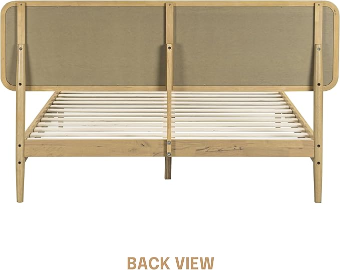 NTC Lupin Wooden Bed Frame with Headboard, Solid Oak and Rubber Wood Foundation with Silent Slats and Wood Central Supports, 1000 Lb Capacity, Queen - Sand