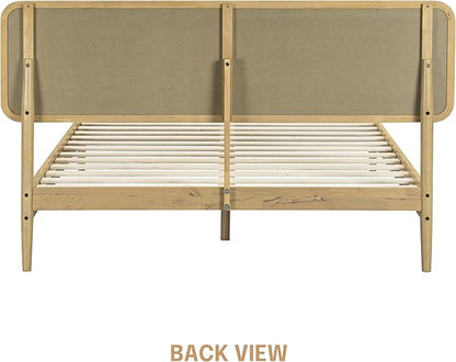 NTC Lupin Wooden Bed Frame with Headboard, Solid Oak and Rubber Wood Foundation with Silent Slats and Wood Central Supports, 1000 Lb Capacity, Queen - Sand