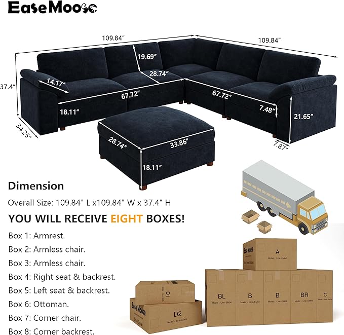 EASE MOOSE Modular Sectional Couch,Chenille Large L Shape Sectional Sofa Modern Luxury Deep seat Modular Sofa Removable and Washable,Blue