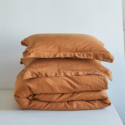 Simple&Opulence 100% Linen Duvet Cover Set, 3 PCS Natural French Flax Rust Duvet Cover Queen Size, Breathable Soft Comfy Linen Bedding Comforter Cover with 2 Pillowcases(Rust, 88"x92")