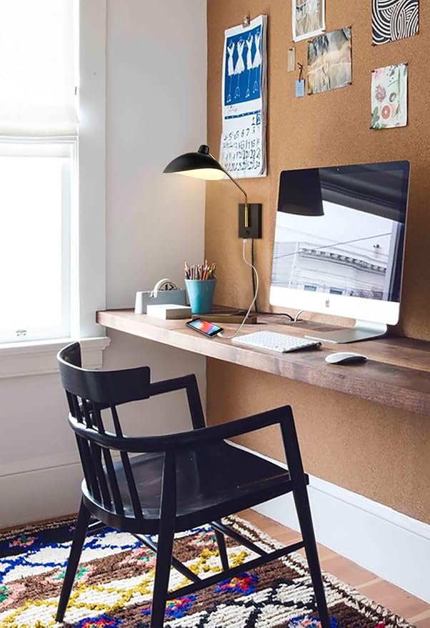 CLAXY Plug in Wall Sconce Swing Arm Wall Light Matte Black with USB Charge Port-Set of 2, Plug in or Hardwired Wall Mounted Lights for Bedroom Reading Room Living