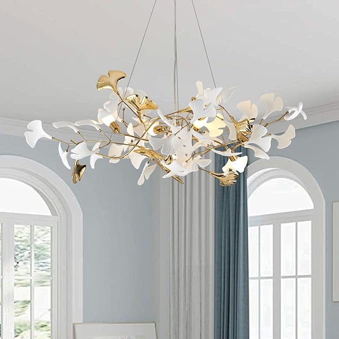 39" Dining Room Modern Leaf Chandelier, Gold Branch Chandeliers with Ceramic Ginkgo Leaves, 5-Light Hanging Brass Pendant Light Fixture for Living Room, Dining Room, Foyer High Ceiling