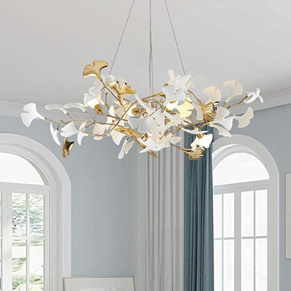 39" Dining Room Modern Leaf Chandelier, Gold Branch Chandeliers with Ceramic Ginkgo Leaves, 5-Light Hanging Brass Pendant Light Fixture for Living Room, Dining Room, Foyer High Ceiling