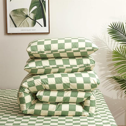 Pureant Green White Plaid Comforter Sets Full Women Men Sage Green Checkerboard Grid Bedding Comforters Cotton Boys Girls Modern Grass Green and White Checkered Geometric Quilts Luxury Abstract Bed