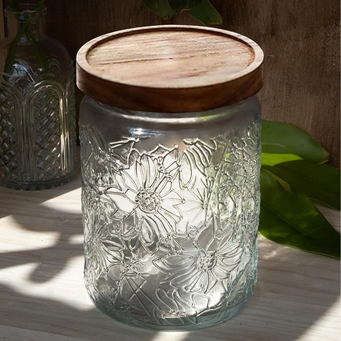 Vintage Glass Jars with Wooden Lids, 24 oz Airtight Glass Food Storage Containers Sets for the Kitchen, Sugar Coffee Tea Cookie Candy Spice Pasta