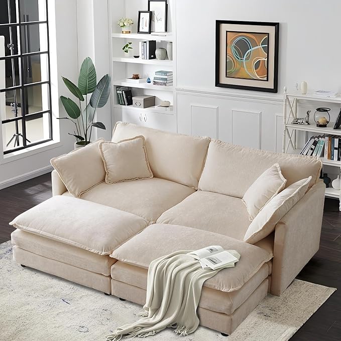 SoarFlash Chenille Sectional Sofa, Comfy Modular Coush Sofa with Ottoman, Modern 2 Seat Recliner Deep Seat Sofa Set for Living Room,Light Coffee