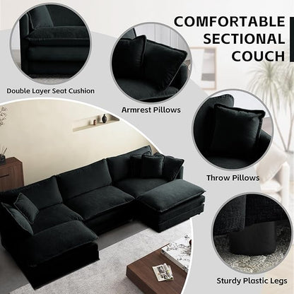 SoarFlash Chenille Sectional Sofa, Comfy L Shaped Modular Coush Sofa with Ottoman, Modern 3 Seat Couch Deep Seat Sofa Set for Living Room,Black