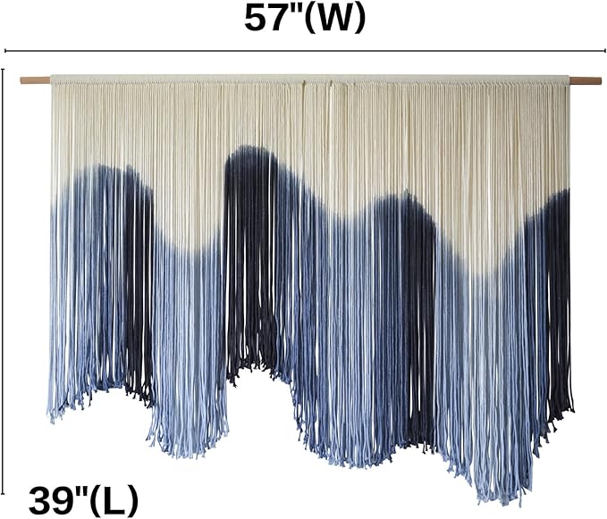 IOWER Macrame Wall Hanging Large Blue Dip Dyed Fiber Art Tapestry, Handmade Boho Wall Decor for Living Room Bedroom, Macrame Wall Art 57" W x 39" L