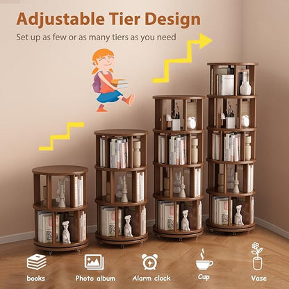 Solid Wood Rotating Bookshelf on Wheels, 5 Tier, Round Revolving Bookcase, 360° Spinning Book Shelf Tower for Kids, Narrow Rolling Bookshelves for Small Space, Corner, Bedroom, Office, Walnut