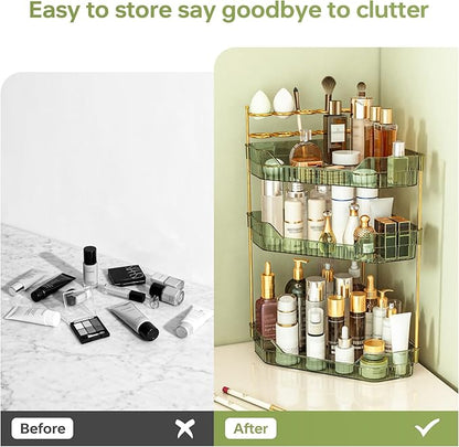 Corner Bathroom Counter Organizer with Makeup Brush Holder & Toothbrush Holders, Makeup Organizer for Vanity Countertop, Acrylic Skincare Storage Shelf (Green, 3-Tier)