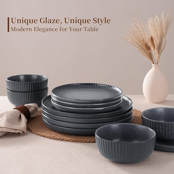 Famiware Starlight Dinnerware Sets, Plates and Bowls Dish Set of 4 (12 Pieces), Ribbed Textured Tableware - Dishwasher & Microwave Safe, Chip Resistant, Reactive Glaze, Matte Midnight Grey