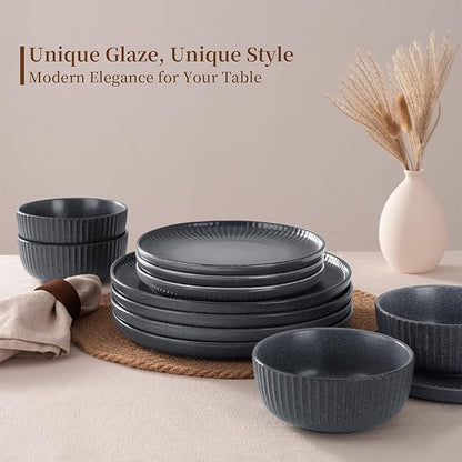 Famiware Starlight Dinnerware Sets, Plates and Bowls Dish Set of 4 (12 Pieces), Ribbed Textured Tableware - Dishwasher & Microwave Safe, Chip Resistant, Reactive Glaze, Matte Midnight Grey