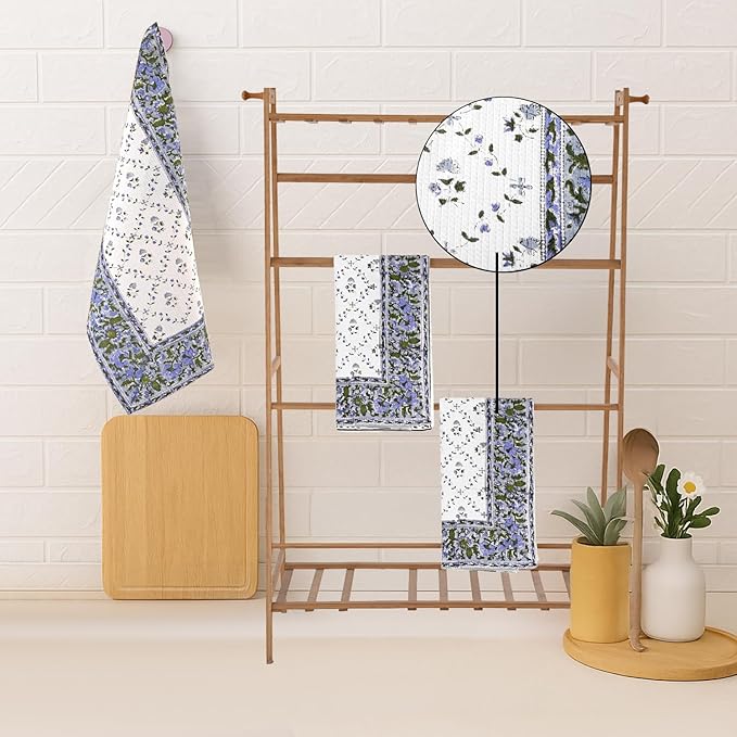 Ridhi Powder Blue Hand Block Print Waffle Kitchen Towel Set of 3-16 x28 Ultra Absorbent Quick Dry 100% Cotton Dish Towels Lightweight Reusable Sustainable Tea Towels for Cleaning and Drying