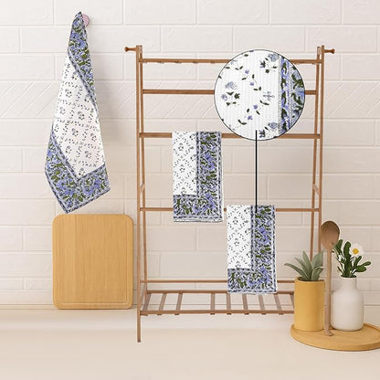 Ridhi Powder Blue Hand Block Print Waffle Kitchen Towel Set of 3-16 x28 Ultra Absorbent Quick Dry 100% Cotton Dish Towels Lightweight Reusable Sustainable Tea Towels for Cleaning and Drying