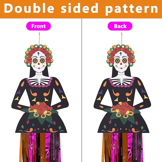 codree 4 PCS Large Day of The Dead Sugar Skull Hanging Decorations-39x8.6 Inch Dia De Los Muertos Hanging Decorations for Day of The Dead Halloween Party Home Outdoor Decor
