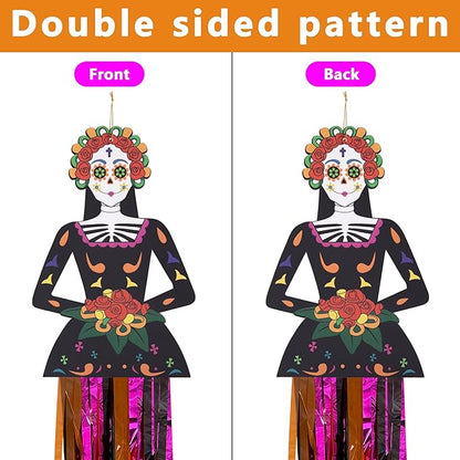 codree 4 PCS Large Day of The Dead Sugar Skull Hanging Decorations-39x8.6 Inch Dia De Los Muertos Hanging Decorations for Day of The Dead Halloween Party Home Outdoor Decor