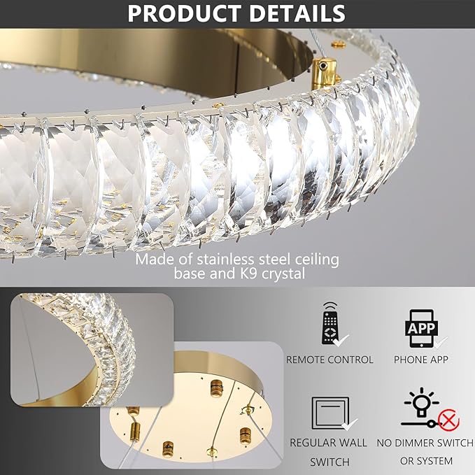 5 Ring Large Crystal Chandelier Modern LED Dimmable High Ceiling Chandelier Ring Contemporary Pendant Light Fixture for Living Room Foyer Staircase Gold D40''