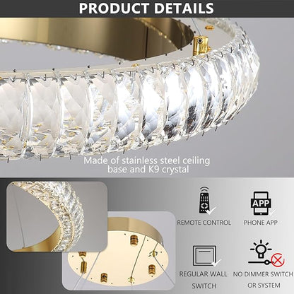 5 Ring Large Crystal Chandelier Modern LED Dimmable High Ceiling Chandelier Ring Contemporary Pendant Light Fixture for Living Room Foyer Staircase Gold D40''