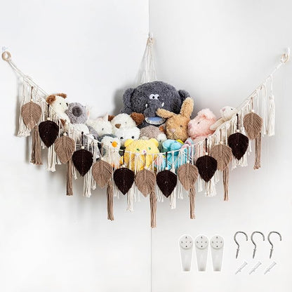 Pretty Jolly Stuffed Animal Storage with Hand Woven Leaf Tassels Hammock Corner Hanging Net Boho Macrame Plush Storage for Kid Room Nursery Decor Wall Display for Girls Gift(Brown)