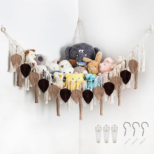 Pretty Jolly Stuffed Animal Storage with Hand Woven Leaf Tassels Hammock Corner Hanging Net Boho Macrame Plush Storage for Kid Room Nursery Decor Wall Display for Girls Gift(Brown)