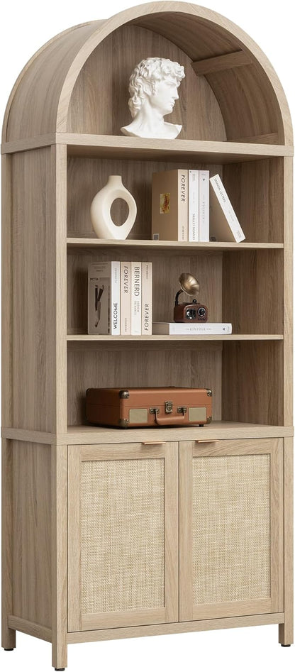 SICOTAS Book Shelf Arched Cabinet Bookshelf Arch 84.2" Tall Bookcase 5 Tier Large Bookshelves with Doors Storage Rattan Boho Wide Book Shelves Case for Living Room Kitchen Office Bedroom Library