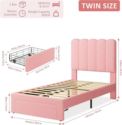 GarveeHome Twin Bed Frame with Under-Bed Drawer, Upholstered Platform Bed with Wave Headboard for Kids/Girls, Wooden Slats Support, No Box Spring Needed, Boucle Pink