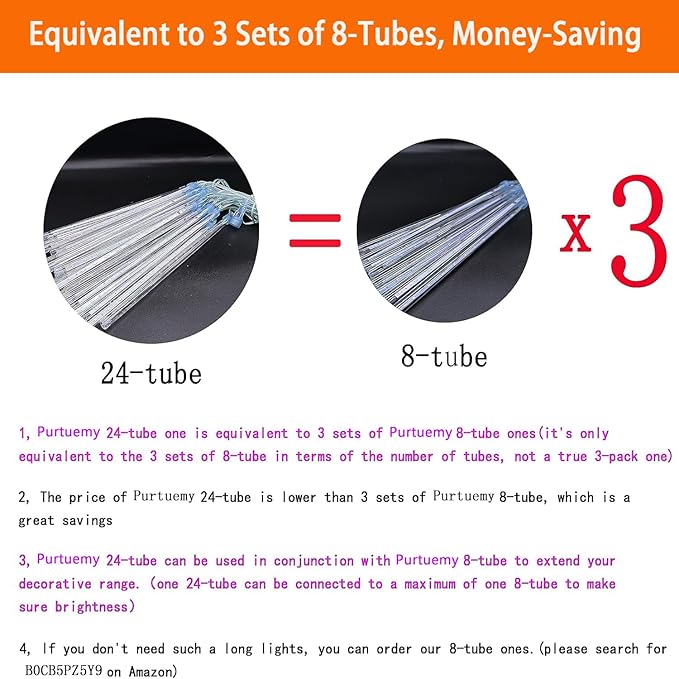 Halloween Lights, 24Tubes(Equivalent to 3 Sets of 8-Tubes) Purtuemy Meteor Shower Orange Lights Icicle String Lights for Halloween Christmas Decorations Tree Party Yard Outdoor Fall Decor, UL Plug