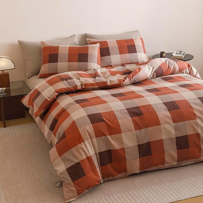 CLOTHKNOW Oange Brown Khaki Comforter Set Twin/Twin XL Buffalo Check Bedding Comforter Sets Plaid Comforter Soft Lightweight Fluffy