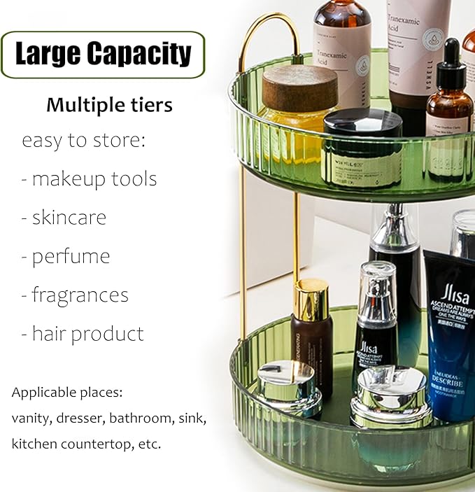 Rotating Makeup Organizer Countertop 2 Tier Lazy Susan Clear Skincare Perfume Storage for Bathroom Counter Vanity, Green Gold