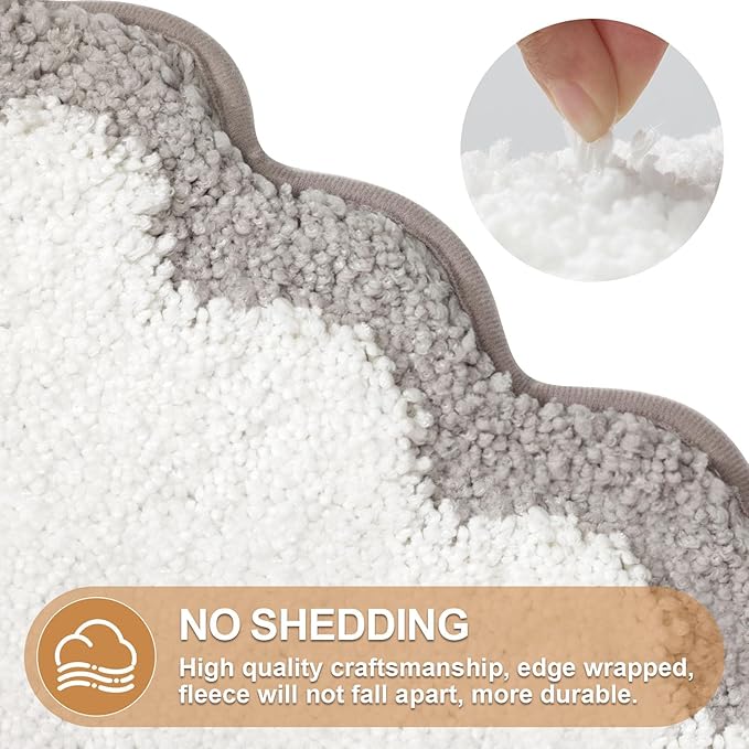 ORTIGIA Long Cute Scalloped Bathroom Rugs Runner, Fun White and Gray Plush Microfiber Scallop Bath Mats Non Slip Washable Quick Dry Absorbent, Rug for Bathtub Sink Laundry Room Bedroom, 17x47