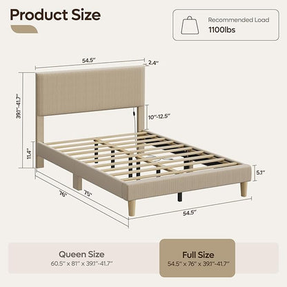 Bestier Full Bed Frame with Adjustable Headboard, LED Lighting, Vertical Channel Tufted Corduroy Upholstered, Solid Wooden Slats Support, No Box Spring Needed, Never Squeaks, Easy Assembly, Taupe