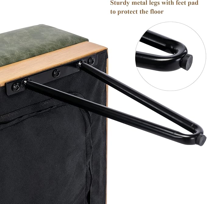 DUOMAY Industrial Modern PU Rectangle Ottoman Bench with PU Strap and Metal Legs, Mid Century Dining Table Bench Footstool Entryway Shoe Bench for Bedroom Dining Room Living Room, Green