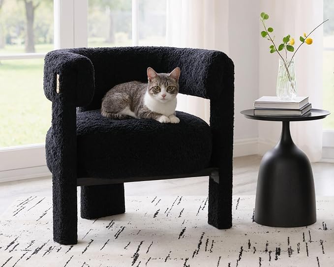 Black Boucle Barrel Accent Chair, Comfy Upholstered Living Room Chair Mid-Century Modern Reading Chair with Open Back Round Corner Side Sitting Lounge Armchair for Bedroom/Office