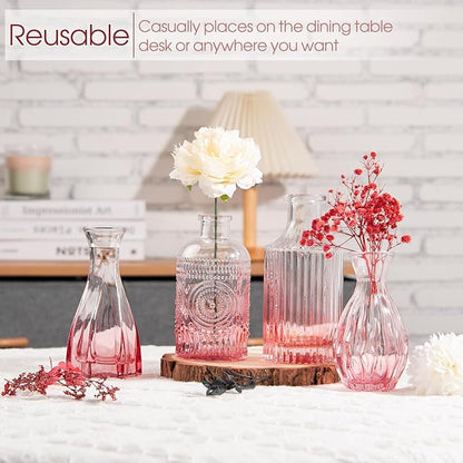 Pink Glass Bud Vases Set of 12, Vintage Mini Vases for Centerpieces, Glass Bud Vase in Bulk for Wedding Decor, Single Flowers, Office and Home Table Flower Décor