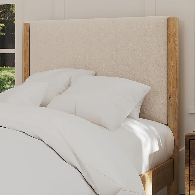 DG Casa Solid Wood Boucle Mid-Century Modern Twin Size Wooden Platform Bed Frame - Upholstered in Taupe Boucle - Natural Finish