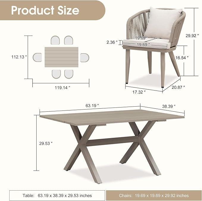 PURPLE LEAF 7 Pieces Patio Dining Table Set Wicker Outdoor Furniture Rectangular Table and Chairs Set for Garden Deck Aluminum Frame Backyard Kitchen Set, Cushions and Pillows Included Champagne