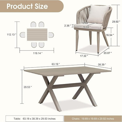 PURPLE LEAF 7 Pieces Patio Dining Table Set Wicker Outdoor Furniture Rectangular Table and Chairs Set for Garden Deck Aluminum Frame Backyard Kitchen Set, Cushions and Pillows Included Champagne