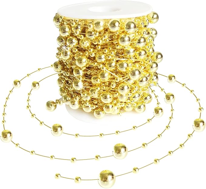 Christmas Tree Beads Garland,66 Feet Gold Pearl Strands Chain Sparkle for Christmas Tree Decoration and Crafts