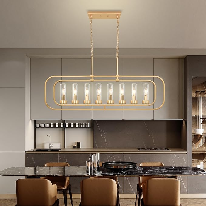 Gold Linear Dining Room Light Fixture, 8 Lights Modern Kitchen Isalnd Light, 45" Long Chandelier Farmhouse Chandeliers for Dining Room Industrial Pendant Lights with Clear Glass