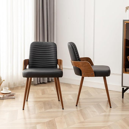 Dining Room Chairs,Mid Century Modern Kitchen Chairs,Upholstered Faux Leather Chairs,Metal Legs Wooden Desk Chairs,Armless and No Wheels for Kitchen Dining Living Room,Black,1PCS