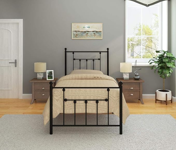 Golden Gate Beds Victorian Style Metal Platform Bed Frame with Antique Wrought Iron-Art Headboard and Footboard, Classic Cama Steel Mattress Foundation, No Box Spring Needed, Twin Size, Black Finish