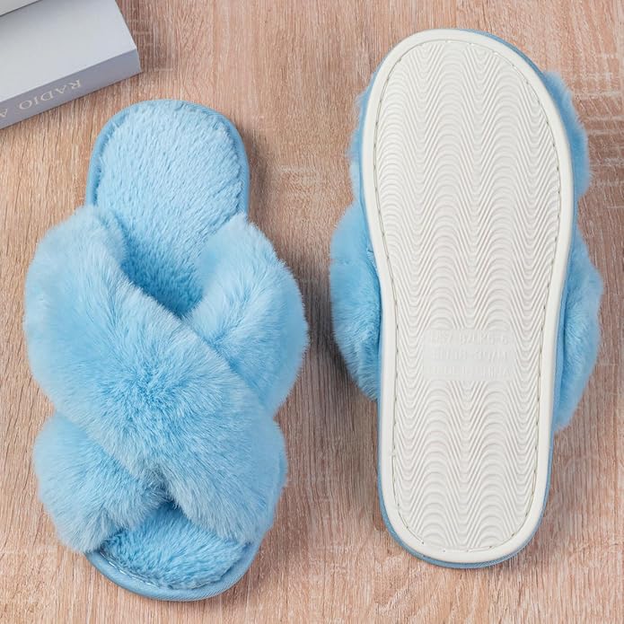 Women's Slipper Memory Foam Cross Band Fuzzy Slippers Open Toe Cozy House Slippers Cozy Plush Bedroom Indoor Outdoor