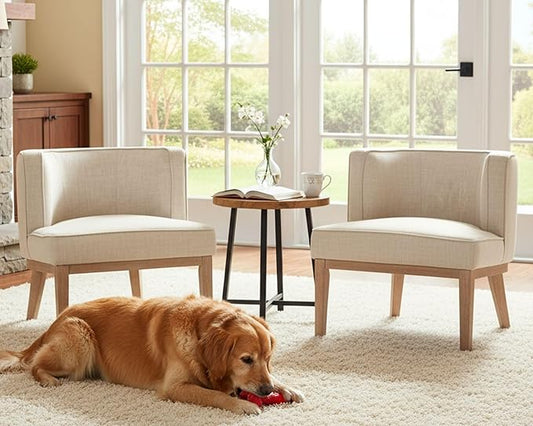 Barrel Chairs Set of 2 Mid Century Modern Accent Chair with Solid Wood Leg Upholstered Reading Arm Chairs Linen Fabric Waiting Room Round Side Chairs for Small Spaces Living Room Bedroom Office, Beige