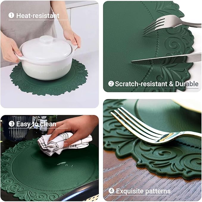 Noctiflorous Round Faux Leather 15 Inch Placemats Set of 4 Waterproof Wipeable Heat Resistant Tablemat for Dining Table Kitchen Non Slip Oilproof Table Place Mat for Indoor Outdoor(Green, 4)