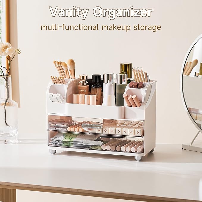 Makeup Organizer for Vanity with 2 Large Drawers, Cosmetic Display Case with Brush Holders, Easy to Storage for Bathroom Countertop Skincare, Desk Office Supplies, White