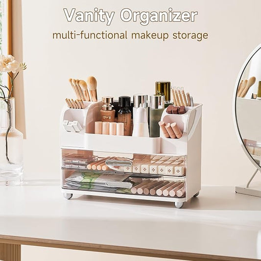 Makeup Organizer for Vanity with 2 Large Drawers, Cosmetic Display Case with Brush Holders, Easy to Storage for Bathroom Countertop Skincare, Desk Office Supplies, White